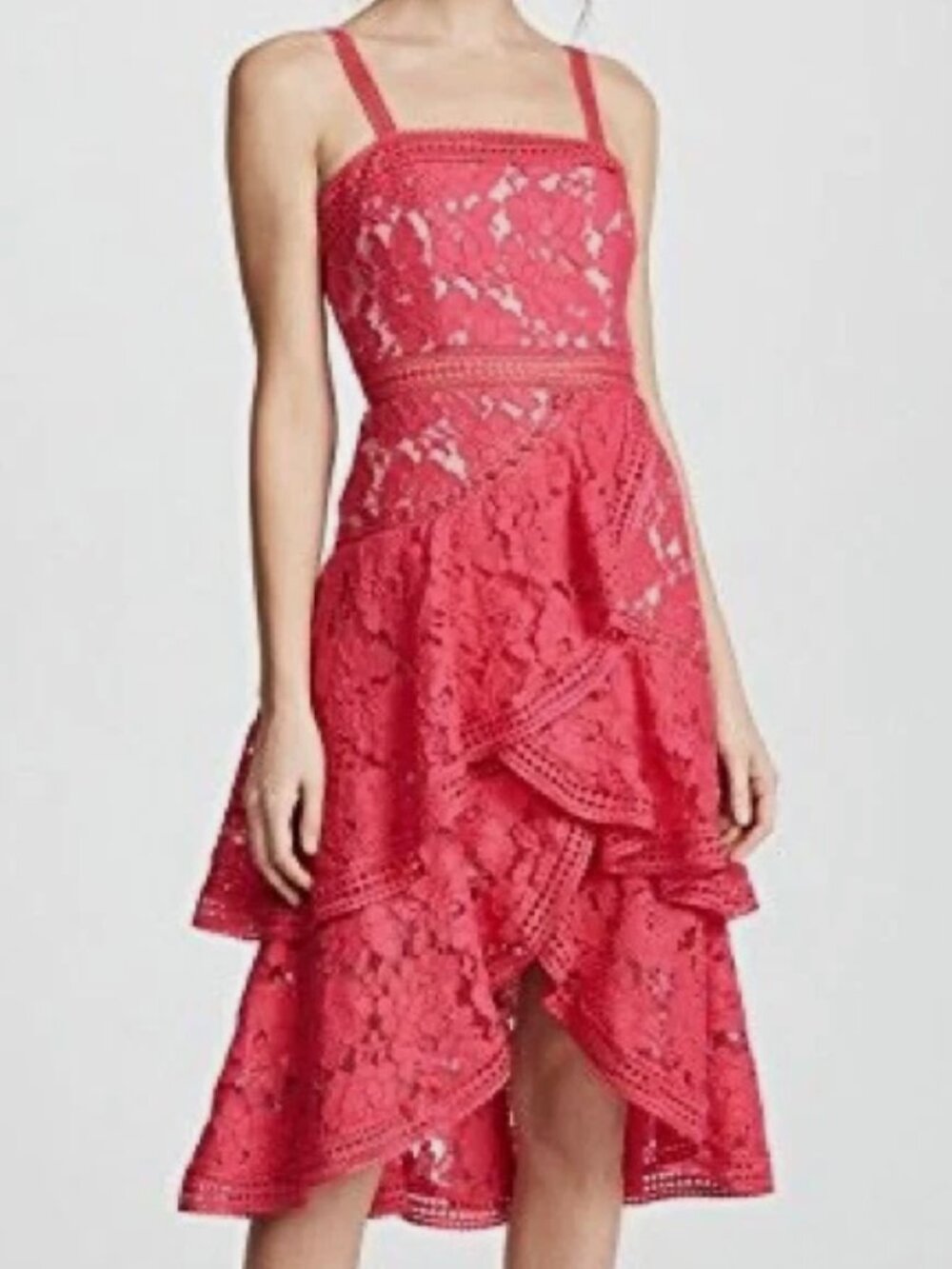 ALICE + OLIVIA Angelita Lace Asymmetrical Tiered Midi Dress